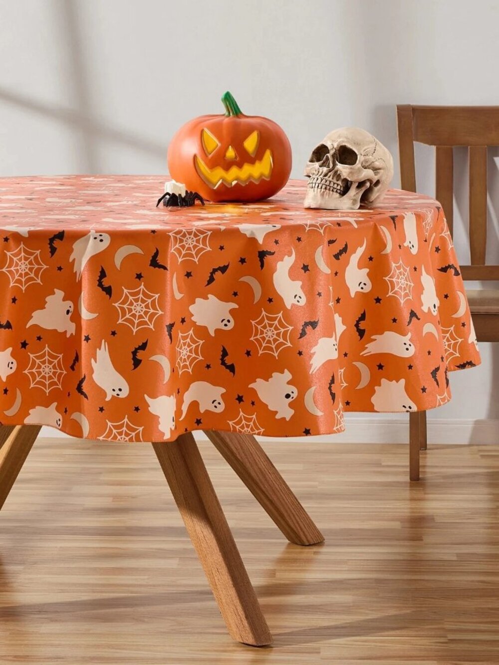 Way to Celebrate Halloween Orange Ghost PEVA Tablecloth 70" Diameter New